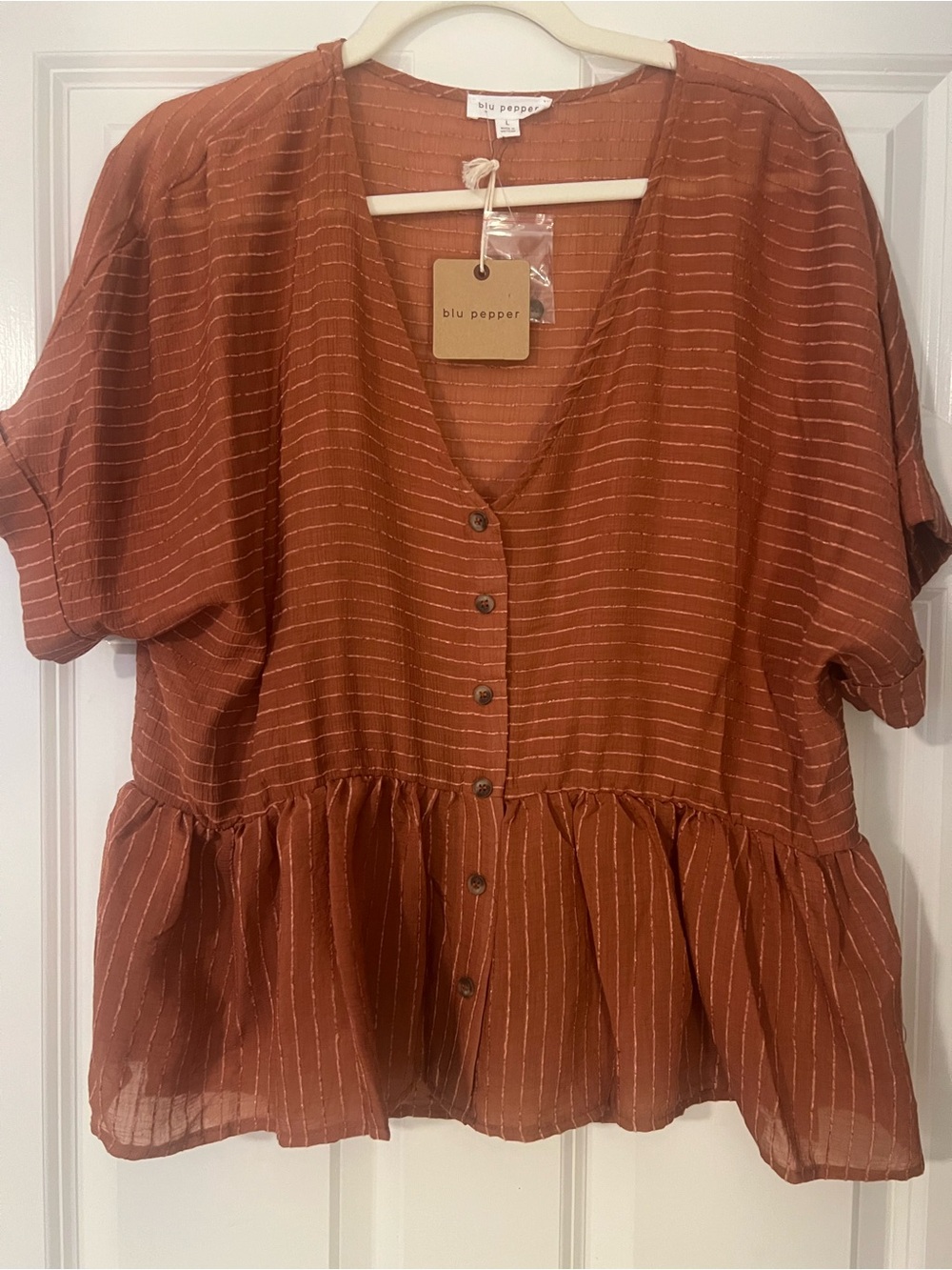 Blu Pepper Rust Orange Striped Button-Front Peplum Blouse